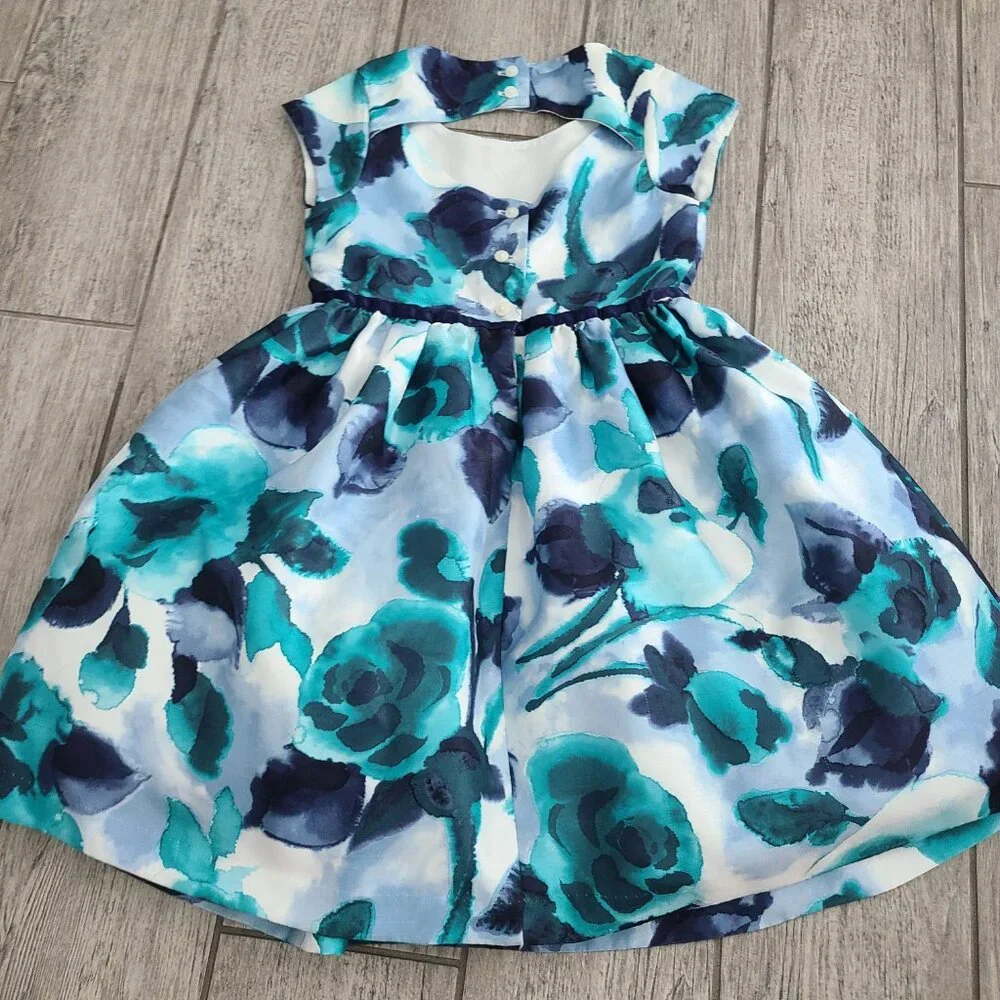 Gymboree Dressed Up Watercolor blue and teal floral party dress girls size 5